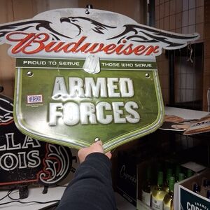 Budweiser Proud to Serve Sign with Green and Silver